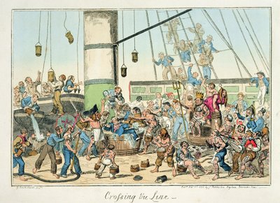 「クロッシング・ザ・ライン」、海軍での生活に関する一連の版画のイラスト、1825 作： George Cruikshank